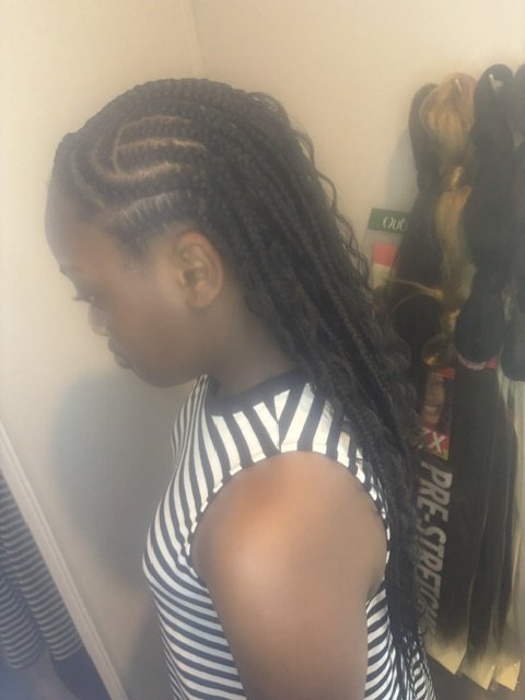 Feed-in cornrows into side braid ponytail
